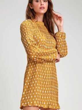 Lulus Pleat to Meet You Mustard Polka Dot Long Sleeve Shift Retro Dress Sz M